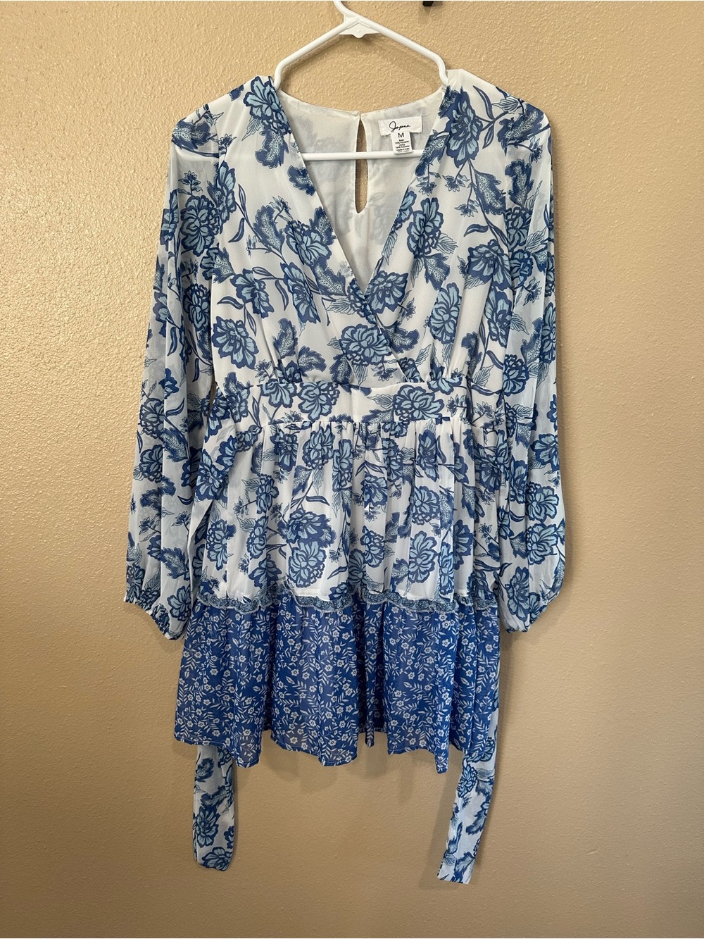 Jopna White and Blue Floral Tiered Tunic Dress
